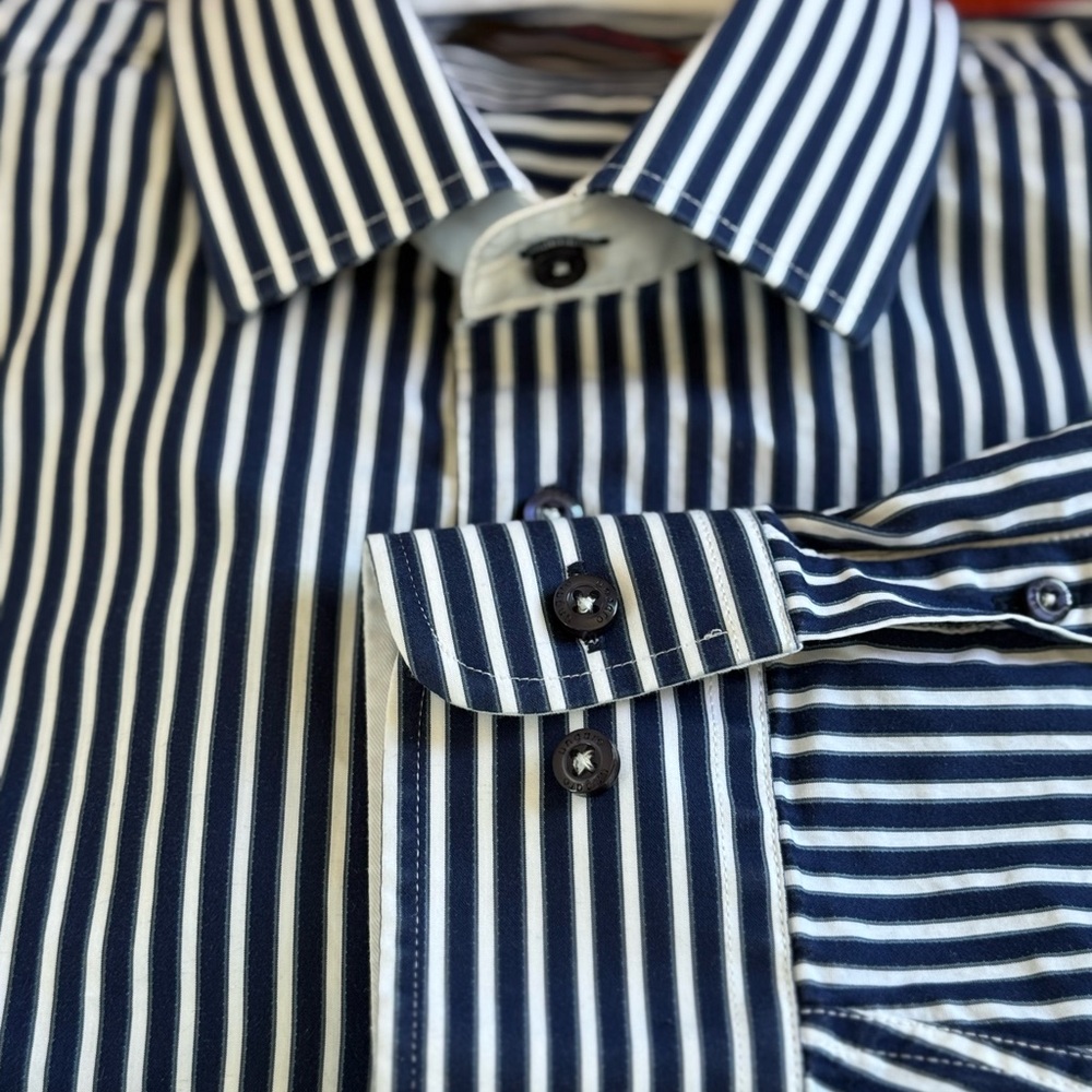 Mens Navy and White Striped Dress Shirt size L